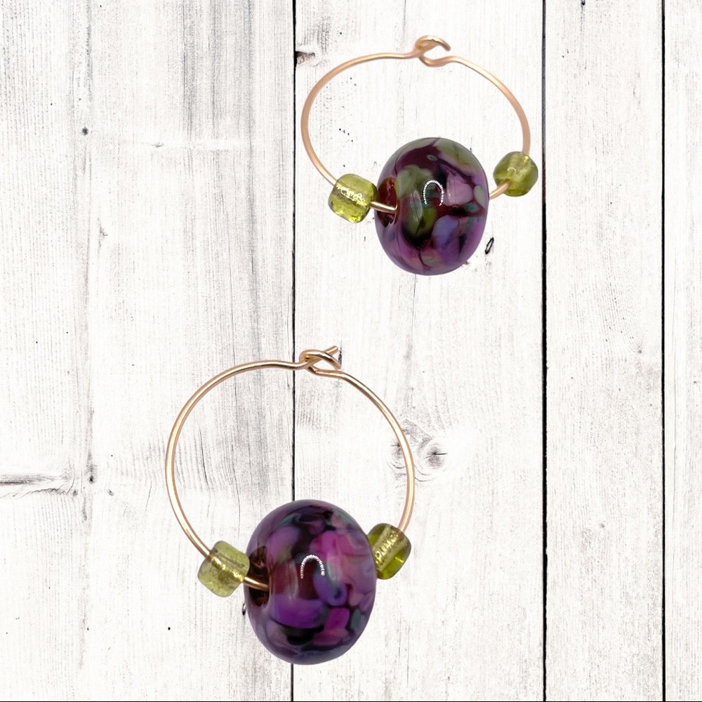 Lamp-work beaded hoop earrings